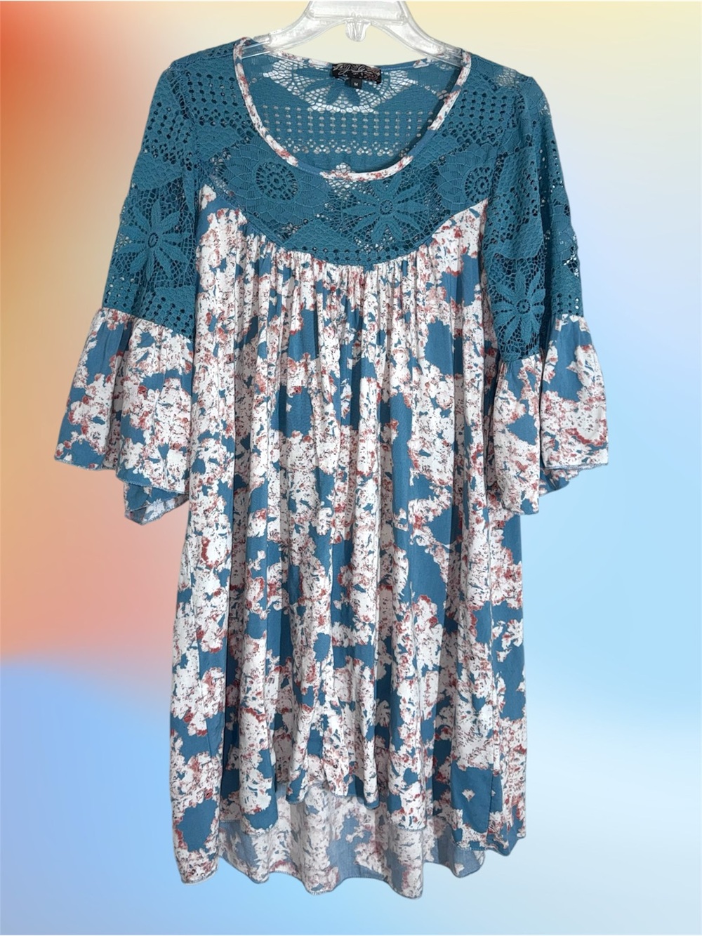J Gee Teal Crochet and Floral High Low  Dress with Short Bell Sleeves size S